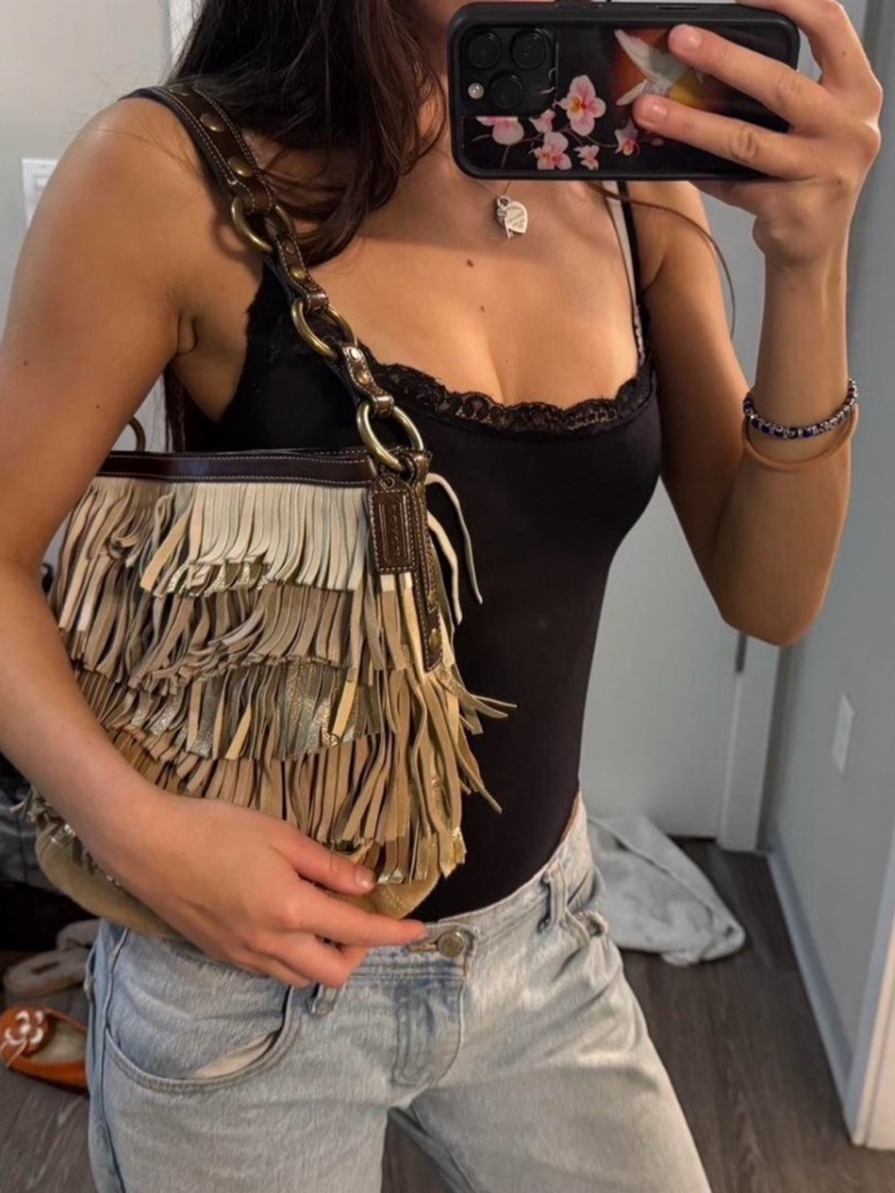 Coach Fringe Leather Shoulder Bag in Beige